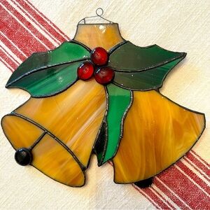 Vintage Christmas MCM Multi Color Stained Glass Suncatcher Hanger Bells & Holly